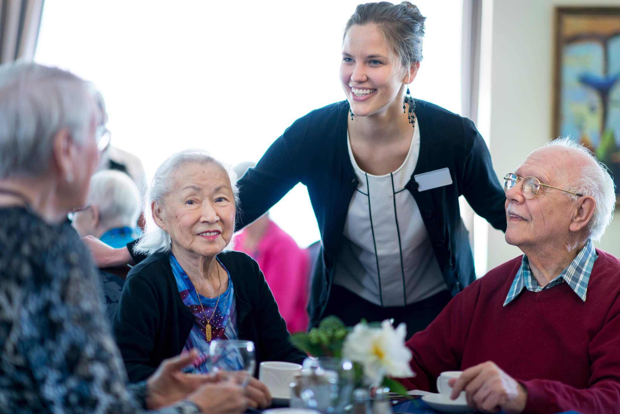 Senior living community interaction with high quality care